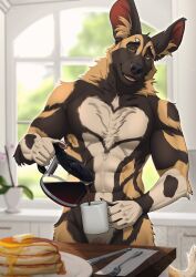 2023 abs absurd_res african_wild_dog anthro barely_visible_genitalia barely_visible_penis beverage big_ears breakfast butter canid canine claws coffee coffee_mug coffee_pot cutlery dairy_products detailed_background eyebrows food fork fur furniture genitals hi_res holding_beverage holding_mug holding_object holding_pot humanoid_genitalia humanoid_penis inside kitchen kitchen_utensils knife looking_at_viewer male mammal morning mug muscular muscular_anthro muscular_male napkin narrowed_eyes navel nude pancake pecs penis penis_base plant plant_pot plate potted_plant shadow smile solo standing syrup table tools tree tuft twistedhound watermark window