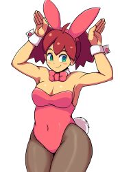 1girls alternate_breast_size ape_escape armpits arms_up big_breasts breasts brown_hair bunny_ears bunny_girl bunny_pose bunny_tail bunnysuit busty cleavage covered_navel female female_only green_eyes highres iggy-bomb large_breasts legs leotard pose posing sayaka sayaka_(saru_getchu) smile solo thick_thighs thighs twintails voluptuous yumi