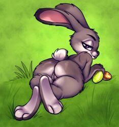 anthro anus ass bedroom_eyes crossed_legs disney easter easter_egg feet female genitals hi_res holidays judy_hopps lagomorph leporid looking_at_viewer looking_back looking_back_at_viewer lying mammal narrowed_eyes nude on_front on_grass on_ground presenting presenting_hindquarters pussy rabbit seductive skye3337 solo zootopia