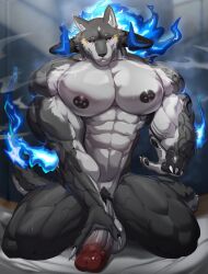 2023 abs anthro balls barbell_piercing big_pecs canid canine canis erection genitals glans hi_res horn humanoid_genitalia humanoid_penis kneeling magangz magic male mammal muscular muscular_male nude pecs penis piercing solo vein wolf