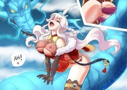 big_breasts blue_eyes chinese_clothes cum cum_in_ass cum_in_pussy diphallia diphallism double_penetration dracophilia dragon eversoul female honglan_(eversoul) joachim male monster multi_penis open_mouth orgasm penis reverse_cowgirl_position see-through white_hair zoophilia