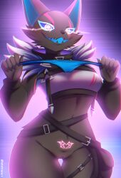 anthro barely_visible_genitalia barely_visible_pussy bottomless canid canine canis clothed clothing epic_games female fortnite genitals half_naked hi_res highwire_(fortnite) mammal pack_leader_highwire panties pussy scar sk3tchk4t solo tattoo underwear wolf