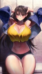 1girls armpits belly_button big_breasts blush brown_hair female female_only ghdwid indoors jacket light-skinned_female light_skin looking_at_viewer original solo tank_top unbuttoned unbuttoned_jacket yellow_eyes