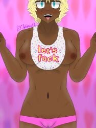 1girls bib big_breasts blonde_hair blue_eyes blush breasts bright_eyes bright_hair bright_pupils dark-skinned_female dark_body dark_nipples dark_skin drooling female female_only five_nights_at_freddy's five_nights_at_freddy's_2 hands_up humanization humanized humanized_animatronic nipples open_mouth pink_panties polgamer99 pov_eye_contact print_panties pussy solo solo_female standing tongue_out toy_chica toy_chica_(fnaf)