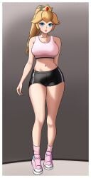 1girls big_breasts blonde_hair blue_eyes breasts busty female female_only highres large_breasts legs looking_at_viewer mario_(series) mcarthur1010 midriff navel nintendo parted_lips pink_lips princess princess_peach shorts smile solo sports_bra sportswear thighs voluptuous