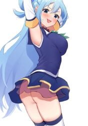 1girls aqua_(konosuba) armpits ass bitseon blue_eyes blue_hair blush breasts female female_focus highres kono_subarashii_sekai_ni_shukufuku_wo! large_breasts legwear long_hair open_mouth skirt smile solo thick_thighs thighhighs thighs upskirt