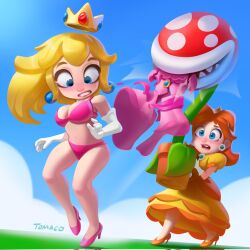 blonde_hair bra breasts clothes_ripped crown dress euf heels lingerie mario_(series) panties princess_daisy princess_peach tomaco tomaco_sunderland underwear wardrobe_malfunction