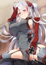 1boy antenna_hair azur_lane black_gloves black_panties blush breasts brown_eyes censored closed_mouth clothing_aside commission cowgirl_position cross cum cum_in_pussy cum_inside dress eyes_visible_through_hair female from_below garter_straps gloves grey_dress grey_thighhighs hair_between_eyes headgear highres iron_cross large_breasts long_hair long_sleeves looking_down mosaic_censoring multicolored_hair panties panties_aside penis prinz_eugen_(azur_lane) pussy red_hair salute sex sideboob skeb_commission smile solo_focus spread_legs standing_at_attention straddling straight streaked_hair sweat swept_bangs thighhighs tsuki_tokage two_side_up underwear vaginal_penetration very_long_hair white_hair