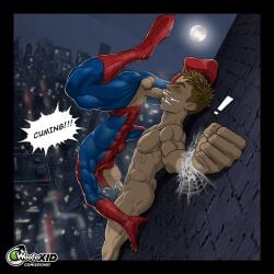 2boys balls big_penis blowjob bondage cg comic dubious_consent duo duo_focus english_text gay human human_focus human_only male male/male male_focus male_only marvel marvel_comics muscular muscular_male penis peter_parker public spider-man spider-man_(series) text underwear woofer_kid yaoi