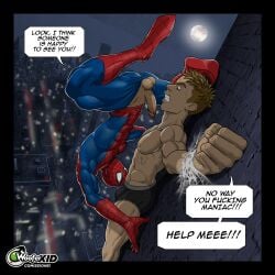 2boys balls big_penis blowjob bondage cg comic dubious_consent duo duo_focus english_text foreskin fully_retracted_foreskin gay human human_focus human_only male male/male male_focus male_only marvel marvel_comics muscular muscular_male penis peter_parker public retracted_foreskin spider-man spider-man_(series) text uncircumcised underwear woofer_kid yaoi