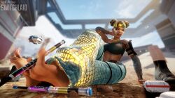 apex_legends between_toes bra buns dark_skin dark_skinned_female drumsticks feet foot_fetish lifeline_(apex_legends) pants soles switchlaid