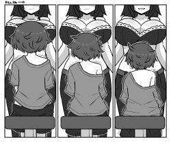 breasts comic comic_page female female_only huge_breasts inksgirls larger_female monochrome multiple_girls page_6 shrinking size_difference size_theft