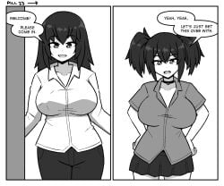 breasts comic comic_page english_text female female_only huge_breasts inksgirls larger_female monochrome multiple_girls page_23 shrinking size_difference skirt