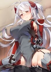 1boy antenna_hair azur_lane black_gloves black_panties blush breasts brown_eyes censored closed_mouth clothing_aside commission cowgirl_position cross cum cum_in_pussy cum_inside dress eyes_visible_through_hair female from_below garter_straps gloves grabbing grabbing_another's_breast grabbing_own_breast grey_dress grey_thighhighs hair_between_eyes headgear highres iron_cross large_breasts long_hair long_sleeves looking_down mosaic_censoring multicolored_hair panties panties_aside penis prinz_eugen_(azur_lane) pussy red_hair sex sideboob skeb_commission smile solo_focus spread_legs straddling straight streaked_hair sweat swept_bangs thighhighs tsuki_tokage two_side_up underwear vaginal_penetration very_long_hair white_hair