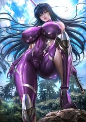 big_breasts blue_hair bodysuit enormous_breasts green_eyes huge_breasts igawa_asagi lexaiduer lips looking_at_viewer pink_lips skin_tight sword taimanin_(series) thick_thighs wide_hips