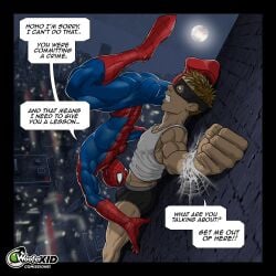 2boys big_penis blowjob bondage cg comic dubious_consent duo duo_focus english_text gay human human_focus human_only male male/male male_focus male_only marvel marvel_comics muscular muscular_male peter_parker public spider-man spider-man_(series) text underwear woofer_kid yaoi