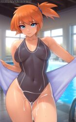 aqua_eyes asymmetrical_hair bangs blurry blurry_background breasts clavicle closed_mouth clothing completely_nude contrapposto cowboy_shot day eyelashes female gluteal_fold high_resolution holding holding_towel indoors kasumi_(pokemon) large_filesize looking_at_viewer medium_breasts navel nintendo nipples nude one-piece_swimsuit open_clothes open_towel orange_hair pokemon pokemon_(game) pokemon_rgby ponytail pool presenting side_ponytail smile solo stomach swimsuit thigh_gap thighs tied_hair tile_floor tiles towel twistedscarlett60 uncensored vagina very_high_resolution water web_address wet wide_hips