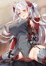 1boy antenna_hair azur_lane black_gloves black_panties blush breasts brown_eyes censored clothing_aside commission cowgirl_position cross dress eyes_visible_through_hair female from_below frottage garter_straps gloves grabbing grabbing_another's_breast grabbing_own_breast grey_dress grey_thighhighs grinding hair_between_eyes headgear highres imminent_penetration imminent_sex iron_cross large_breasts long_hair long_sleeves looking_down mosaic_censoring multicolored_hair open_mouth panties panties_aside penis prinz_eugen_(azur_lane) pussy red_hair sideboob skeb_commission smile solo_focus spread_legs straddling straight streaked_hair sweat swept_bangs thighhighs tsuki_tokage two_side_up underwear very_long_hair white_hair