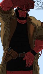 against_surface bara black_hair broken_horn bulge dark_horse demon facial_hair flaccid fully_clothed hellboy hellboy_(series) horns jacket leaning_on_elbow male male_only muscles muscular no_visible_genitalia red_body red_skin shirt shorts solo solo_male tail thejmin2