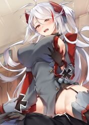 1boy antenna_hair azur_lane black_gloves black_panties blush breasts brown_eyes censored clothing_aside commission cowgirl_position cross cum cum_in_pussy cum_inside dress ejaculation eyes_visible_through_hair female from_below garter_straps gloves grabbing grabbing_another's_breast grabbing_own_breast grey_dress grey_thighhighs hair_between_eyes half-closed_eyes headgear highres iron_cross large_breasts long_hair long_sleeves looking_down mosaic_censoring multicolored_hair open_mouth panties panties_aside penis prinz_eugen_(azur_lane) pussy red_hair sex sideboob skeb_commission solo_focus spread_legs straddling straight streaked_hair sweat swept_bangs thighhighs tsuki_tokage two_side_up underwear vaginal_penetration very_long_hair white_hair