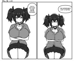 breasts choker comic comic_page english_text female female_only huge_breasts inksgirls larger_female monochrome multiple_girls page_25 shrinking size_difference skirt