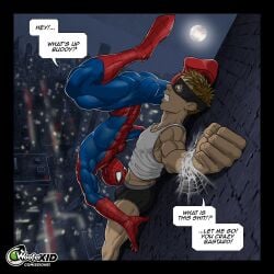 2boys big_penis blowjob bondage cg comic dubious_consent duo duo_focus english_text gay human human_focus human_only male male/male male_focus male_only marvel marvel_comics muscular muscular_male peter_parker public spider-man spider-man_(series) text underwear woofer_kid yaoi