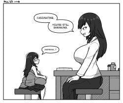 breasts comic comic_page english_text female female_only huge_breasts inksgirls larger_female monochrome multiple_girls page_27 shrinking size_difference