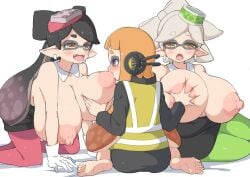 3girls agent_3_(splatoon) black_hair blush breast_grab breast_squeeze breast_sucking breasts breasts_bigger_than_head callie_(splatoon) female female_only green_legwear grey_hair headphones huge_areolae huge_breasts inkling inkling_girl marie_(splatoon) multiple_girls nintendo nipples open_mouth orange_hair pink_legwear puffy_nipples sabonbold simple_background size_difference splatoon squid_sisters sucking_nipples white_background white_gloves yuri