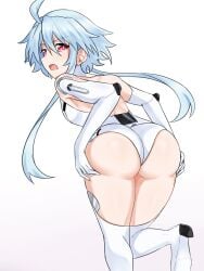 1girls ass ass_focus bare_back blanc blue_hair clothed compile_heart cpu_(neptunia) elbow_gloves female_only from_behind goddess grabbing_own_ass idea_factory light-skinned_female looking_at_viewer looking_back neptunia_(series) open_mouth power_symbol-shaped_pupils red_eyes short_hair short_hair_with_long_locks solo thick_ass thighhighs thighs white_heart zatsu