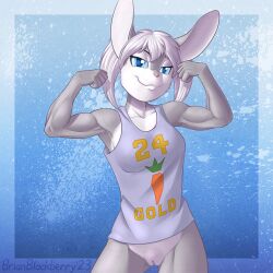 anthro bottomless brian_mcpherson clothed clothing cynthia_(brian_mcpherson) female genitals lagomorph leporid mammal muscular pussy rabbit shirt solo topwear