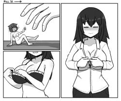 bra breasts comic comic_page dressing female female_only huge_breasts inksgirls larger_female monochrome multiple_girls page_21 shrinking size_difference