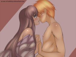 1boy 1boy1girl 1girls canon canon_couple female fruits_basket ginger ginger_hair holding_hands kissing kyo_sohma long_hair male male/female orange_hair parted_lips romantic romantic_couple sensual shirtless shirtless_(male) straight tohru_honda