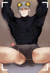 arms_up balls barayot boner bulge erection erection_under_clothes facial_hair hat iwai_munehisa male male_only muscles muscular musk penis persona_5 photo solo solo_male spread_legs sweaty underwear