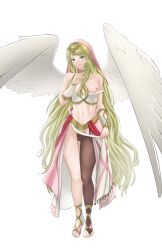 1girls alternate_costume angel_wings ass_visible_through_thighs bare_shoulders blonde_hair breasts breasts_out bridal_legwear brown_pantyhose closed_mouth collarbone dancer english_commentary eyelashes feathered_wings feet female female_only finger_to_face fire_emblem fire_emblem:_radiant_dawn fire_emblem_heroes flashing full_body green_eyes green_hair hand_up highres leanne_(fire_emblem) leanne_(hatari)_(fire_emblem) legs long_hair looking_at_viewer medium_breasts midriff navel nintendo nipples no_shoes official_alternate_costume pantyhose pink_skirt pomelomelon shushing simple_background single_leg_pantyhose skirt smile solo swept_bangs thigh_gap thighs toeless_legwear toes veil very_long_hair white_background white_skirt white_wings wings