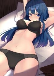 1girls absurdres akinoji_(akiponpon27) armpits arms_up bed bed_sheet black_bra black_panties blue_eyes blue_hair blush bra breasts caeda_(fire_emblem) closed_mouth commentary_request commission female female_only fire_emblem fire_emblem:_mystery_of_the_emblem fire_emblem:_shadow_dragon_and_the_blade_of_light hair_between_eyes highres long_hair lying medium_breasts navel nintendo official_alternate_hairstyle on_back panties pillow simple_background skeb_commission solo thighs underwear underwear_only