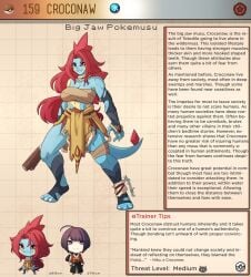 club_(weapon) creature_index croconaw english_text generation_2_pokemon hi_res kinkymation loincloth monster_girl nintendo page_159 page_number pokémon_(species) pokemon pokemon_(species) pokemorph pokemusu profile red_hair tagme text_box