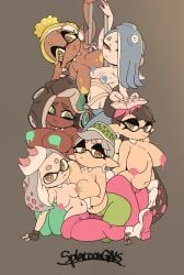 6girls alternate_breast_size black_hair blue_hair bodypaint breast_size_difference breasts brown_hair callie_(splatoon) cephalopod_humanoid chubby dark-skinned_female dark_skin deep_cut_(splatoon) female flat_colors frye_(splatoon) green_eyes grey_hair hair_over_one_eye huge_breasts humanoid inkling large_breasts light-skinned_female light_skin long_hair looking_at_viewer marie_(splatoon) marina_(splatoon) medium_breasts medium_hair nintendo nipples_covered octoling off_the_hook_(splatoon) pearl_(splatoon) pointy_ears red_eyes shiver_(splatoon) short_hair simple_background slim_waist splatoon splatoon_(series) splatoon_2 splatoon_3 squid_sisters tentacle_hair thick_thighs topless voluptuous white_hair wide_hips yellow_eyes yellow_hair yuta_agc