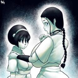 aphrodos avatar_the_last_airbender black_and_white blind braided_ponytail breast_size_difference busty earth_kingdom female female_focus female_only hair_loopies hand_on_shoulder huge_breasts inuit katara large_breasts long_hair medium_breasts tied_hair toph_bei_fong water_tribe