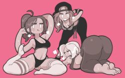 3girls baseball_cap female female_only gashi-gashi simple_background simple_eyes socks steaming_body striped_legwear sweat thigh_socks thighhighs uejini white_socks workout workout_clothes yoga_pants