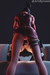 2girls 3d artsbyronin asian asian_female ass back_view black_hair blender blush blush breasts breasts_out close-up clothed clothing couch demi_(fortnite) dress duo epic_games female female_focus female_only fortnite gloves hand_on_ass hand_on_head handwear headband kissing lesbian_sex light-skinned_female light_skin making_out no_bra no_panties on_couch on_knees phone pillow ponytail prosthetic prosthetic_arm pussy pussy_lips pussy_peek red_nail_polish red_nails robotic_arm skirt smile smiling standing tsuki_(fortnite) vagina viewed_from_behind watermark yuri