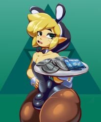 1boy ball_bulge blonde_hair blush bulge bunny_ears bunnysuit detached_collar femboy fortnite fortnite_card freckles hand_on_hip hi_res huge_thighs latex link looking_at_viewer male male_only neck_ribbon nintendo pantyhose penis_bulge pointy_ears smutstrut solo the_legend_of_zelda thick_thighs toon_link tray v-bucks wrist_cuffs