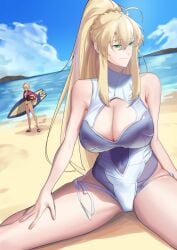 2girls artoria_pendragon artoria_pendragon_(lancer) artoria_pendragon_(swimsuit_ruler) artoria_pendragon_(swimsuit_ruler)_(second_ascension)_(fate) blonde_hair fate/grand_order fate_(series) female female_only mordred_(fate) mother_and_daughter multiple_girls solo_focus