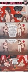 3girls angry areolae bethesda_softworks blue_eyes breasts brown_hair character_request colored comic comic_page dialogue english english_text fallout heels long_hair multiple_girls page_28 partially_clothed pussy red_background red_hair short_hair speech_bubble standing tagme tattoo text text_bubble thekite thick_thighs thighhighs unsheltered wasteland wide_hips