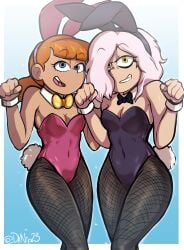 2girls amphibia amphibia_(series) bunny_ears bunnysuit frog_girl humanization humanized maddie_flour multiple_girls polly_plantar straight_hair transformation yuri