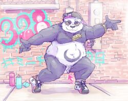 alley alp_(tokyo_afterschool_summoners) anthro balls bear belly clothing digital_media_(artwork) fur genitals giant_panda headgear headwear humanoid_genitalia humanoid_hands humanoid_penis lavilovi lifewonders looking_at_viewer male mammal minichin_chubby_day nipples nude overweight overweight_male penis purple_body purple_fur small_penis smile solo tokyo_afterschool_summoners video_games white_body white_fur