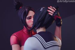 2girls 3d artsbyronin asian asian_female black_hair blender blush blush breasts breasts_out close-up clothed clothing demi_(fortnite) dress duo epic_games female female_focus female_only fortnite gloves hand_on_head handwear headband kissing lesbian_sex light-skinned_female light_skin making_out ponytail red_nail_polish red_nails side_view smile smiling standing tsuki_(fortnite) viewed_from_behind watermark yuri