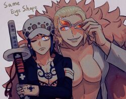 2girls adjusting_eyewear adjusting_glasses adjusting_sunglasses big_breasts black_hair blonde_hair chest_tattoo cleavage crossed_arms donquixote_doflamingo feather_coat female female_only frown genderswap_(mtf) hair_slicked_back hat headwear jacket_on_shoulders katana looking_at_another no_bra one_eye_closed one_piece open_shirt red_eyes rule_63 short_hair smile sunglasses sword tattoo tattoos tinted_eyewear trafalgar_law weapon yellow_eyes zzh_dweioz