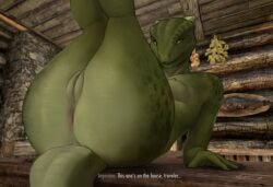 2023 anthro antira anus argonian bethesda_softworks breasts dialogue digital_media_(artwork) english_text female furniture genitals green_body green_scales hi_res looking_at_viewer nipples non-mammal_breasts non-mammal_nipples nude pussy raised_leg scales scalie skyrim solo table text the_elder_scrolls