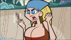 2023 artist_name bandana blonde_hair blue_eyes canonical_scene cartoon_network censored censored_flipping_off cleavage flipping_off huge_breasts jojobrito lindsay_(tdi) lipstick long_blonde_hair long_hair mosaic_censoring tank_top total_drama_island