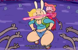 adjusting_clothes adventure_time angry backpack bag cameltoe cartoon_network clothed clothing crouching female fionna_the_human_girl hands headwear human mr_valentine00 pale_skin prince_gumball shorts sword_in_mouth text thick_legs thick_thighs weapon zombies